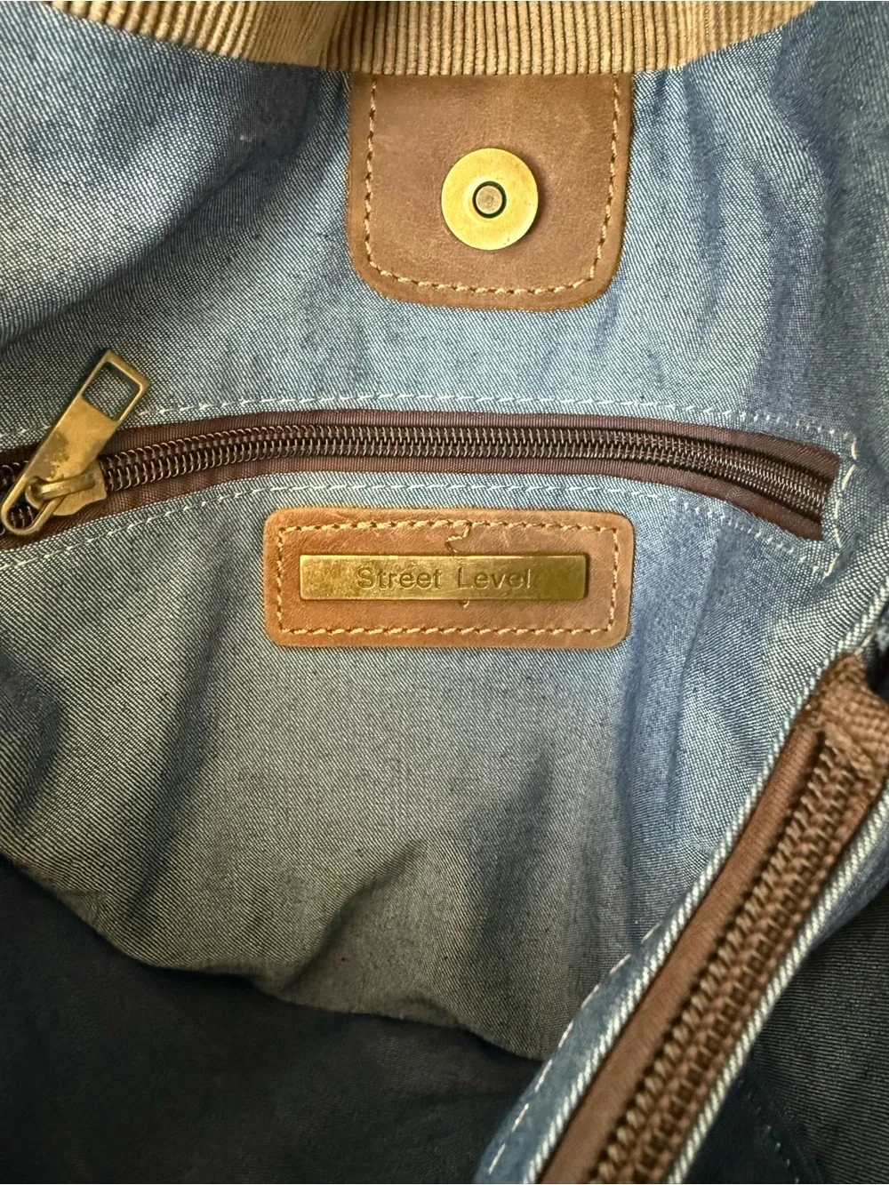 Street Level Men's large tan corduroy & brown Leather Messenger crossbody Bag